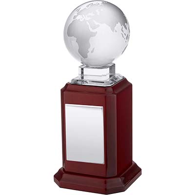 MC 9in Clear Optical Crystal Globe on Piano Wood Base