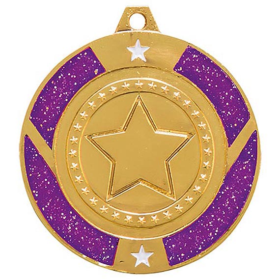 Glitter Star Medal Gold & Purple 50mm