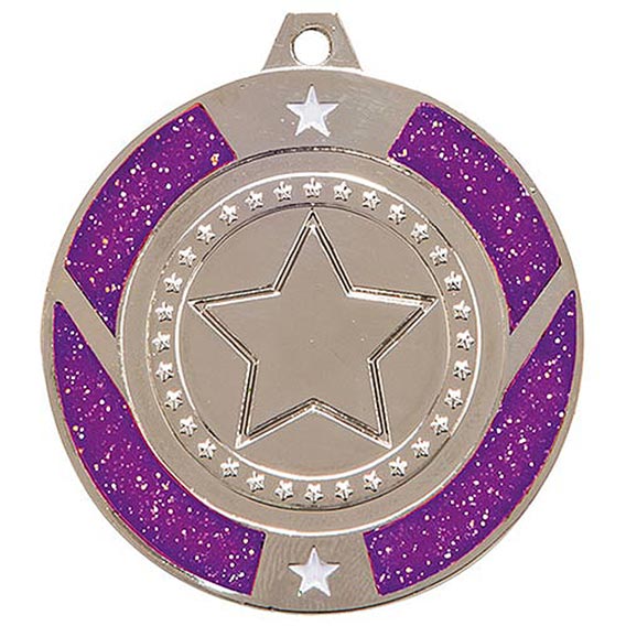 Glitter Star Medal Silver & Purple 50mm