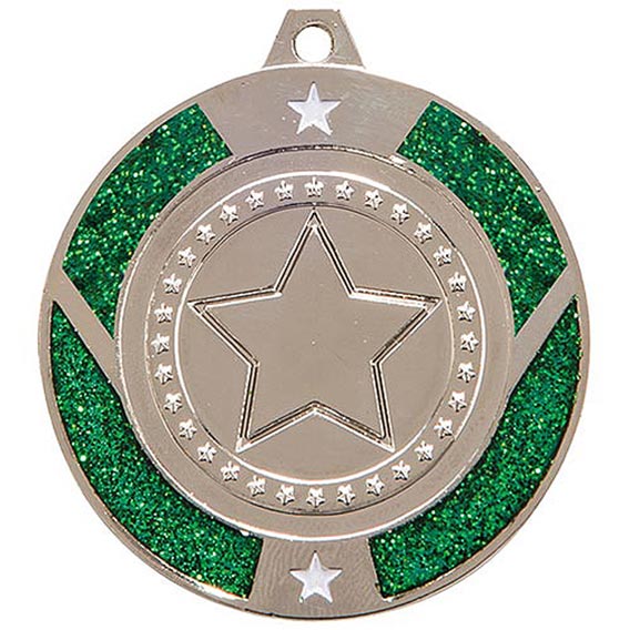 Glitter Star Medal Silver & Green 50mm